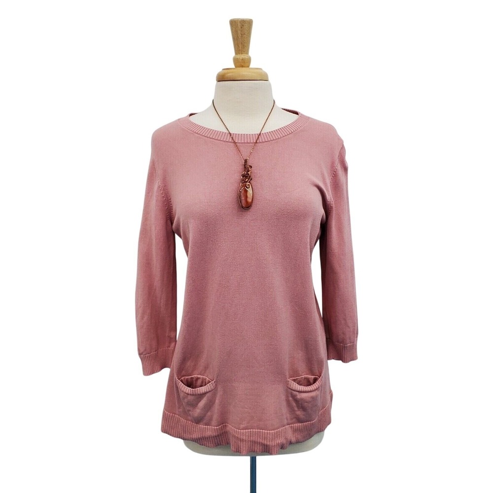 Talbots Womens M Pink Cotton Rayon Sweater 3/4‎ Sleeve Pockets Pullover Top
